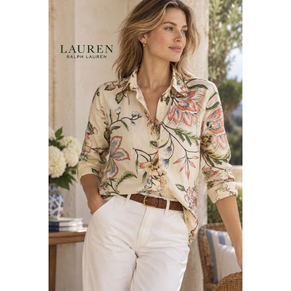 Lauren Ralph Lauren Tops - Lauren Ralph Lauren Floral Cotton Shirt Women’s Size M Cream Long Sleeve